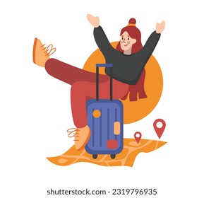 Rejoicing cartoon woman preparing for traveling abroad. Summer vacation trip. Travel agency tour. Discovering new places. Adventure tourist and traveler. Vector