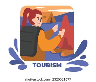 Rejoicing girl warming up by fire with tent. Young people traveling abroad. Active recreation and adventure during travel. Vacation trip. Vector flat style illustration
