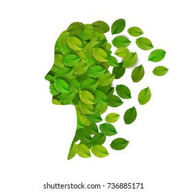 rejuvenale the face skin concept, woman profile created from the fresh green leaves on the white background, fresh day idea, think green concept, vector