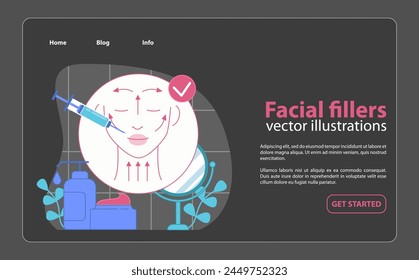 Tratamiento rejuvenecedor de rellenos faciales. Ilustración que muestra un procedimiento sereno de realce facial con jeringa y relleno. Ilustración vectorial plana.