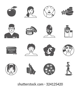 Rejuvenation body and skin care black icons set isolated vector illustration