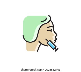 Icono de inyección de rejuvenecimiento. Cara de mujer con símbolo vector. Trazo editable.