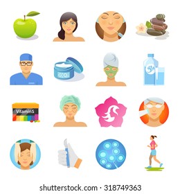 Rejuvenation and skin care flat icons set isolated vector illustration