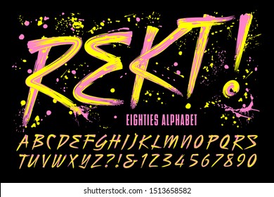 Rekt! is an 80s grunge paint brush alphabet with bright day-glow colors; This font includes a layer of paint drips to give it a retro urban effect. The word "Rekt" is a phonetic spelling of "wrecked."