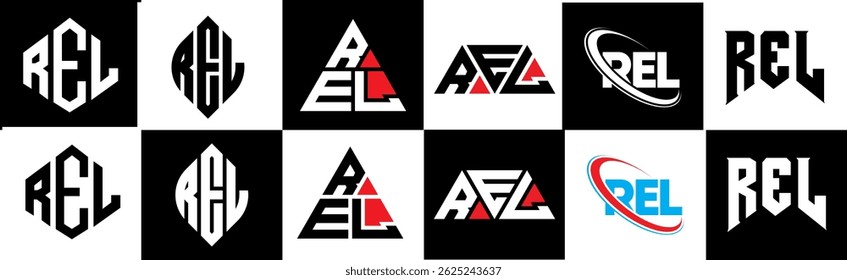 REL letter logo design in six style. REL polygon, circle, triangle, hexagon, flat and simple style with black and white color variation letter logo set in one artboard. REL minimalist and classic logo