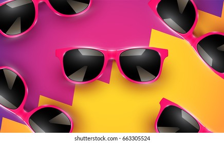 Relaistic sunglasses on divided zigzag colorful background, vector illustration
