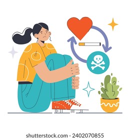 Relapse concept. Troubled woman faces smoking temptation, heart and health at crossroads. Choosing between love for life and harmful addiction's pull. Flat vector illustration