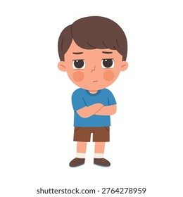 A relatable cartoon illustration of a young boy with his arms folded, looking sulky and annoyed, perfect for themes of childhood tantrums, stubbornness, or bad moods.