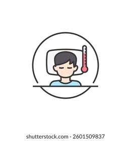 A relatable depiction of illness. A figure resting in bed with a thermometer signaling fever, effectively conveying discomfort and the need for care