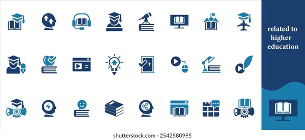 relacionados com o ensino superior, universidade. Coleção de ícones linear. Traçado editável. Ilustração vetorial