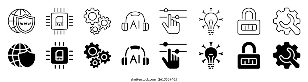Related to internet security set.  AI technology, settings, microchip, innovation.