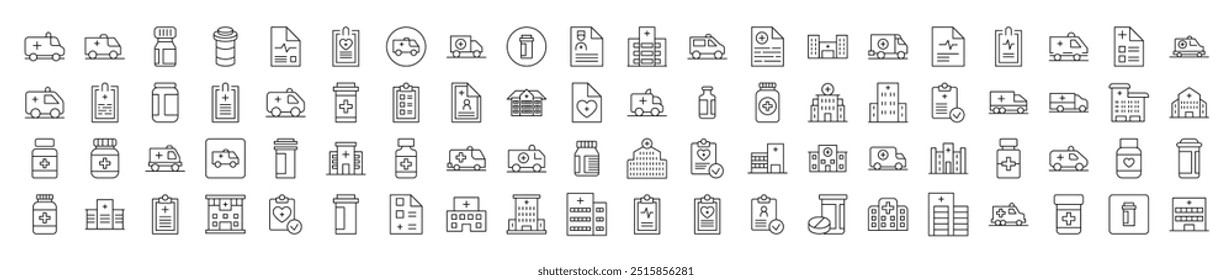 Related Outline Symbol Set. Contains Icons of Hospital, Ambulance, Pills, Prescription for Banners, Infographics, Books, Articles and Other Types of Design
