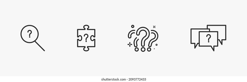 Related Question icon set. Linear black icons with editable stroke and question marks. Bubbles, magnifying glass, puzzles, and big question marks isolated on white background. Solve the problem vector