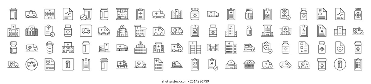 Conjunto de signos simples relacionados. Contiene íconos de hospital, ambulancia, píldoras, prescripción para Anuncios, infografías, libros, artículos y otros tipos de diseño