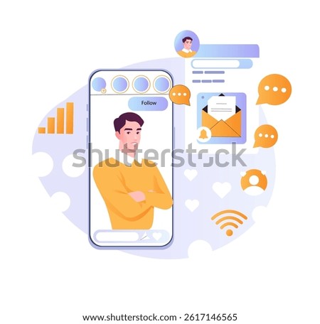 Related topic observing. Man on smartphone screen. Promotion in social networks and messengers. Influencer and content creator, blogger. Flat vector illustration