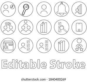 Related Vector Line Icon Set. Contains Icons like Career growth, Bulb, Candidate, Search, CV, Index Card, bell, cell phone, Resources and more. Editable Stroke.
