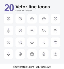 Conjunto de iconos de línea de vector relacionados. Contiene iconos como registro, descarga, flecha y dibujo, calendario y hora. Línea editable