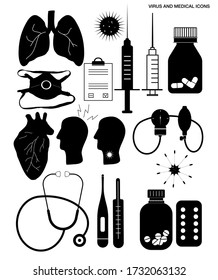 Related virus icons. Vector black and white signs.  Pandemic symptoms. Hygiene line set. Take medication, get vaccinated with syringe, use masks, take care.