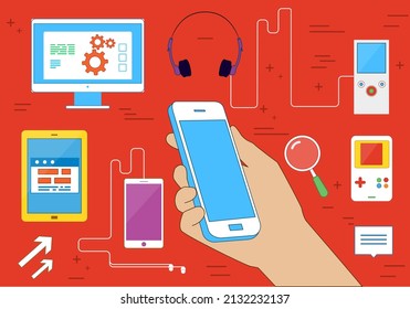 related web multimedia set flat design with many different devices and elements vector illustration