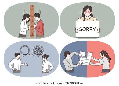 Relation And Communication Problems Concept. Set Of Young Couples Having Misunderstanding Feeling Lonely Sorry Trying To Solve Problem And Cutting Paper In Rage Vector Illustration 