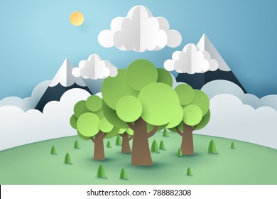 Relation of forest and cloud, Paper art concept and world sustainable environment friendly idea, vector art and illustration.