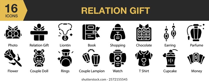 Relation Gift solid icon set. Includes gift, happy, celebration, birthday, surprise, and More. Solid icons vector collection.