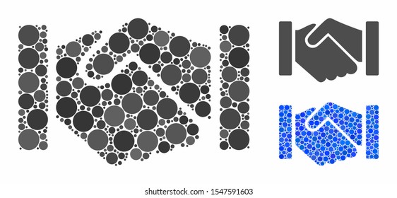 Relation handshake mosaic of small circles in various sizes and color tinges, based on relation handshake icon. Vector random circles are united into blue collage.