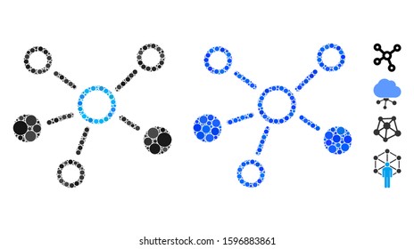 Relations composition of round dots in various sizes and color tones, based on relations icon. Vector round dots are organized into blue composition. Dotted relations icon in usual and blue versions.