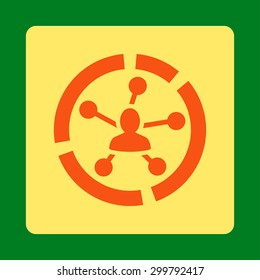 Relations diagram icon. Vector style is orange and yellow colors, flat rounded square button on a green background.