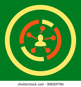 Relations diagram vector icon. This rounded flat symbol is drawn with orange and yellow colors on a green background.