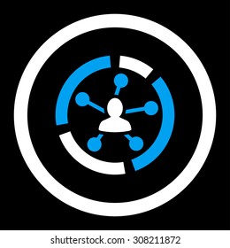 Relations diagram vector icon. This rounded flat symbol is drawn with blue and white colors on a black background.
