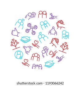 Relations and Emotions Thin Line Round Design Template Ad Include of Experience and Feeling. Vector illustration of Relationship Elements