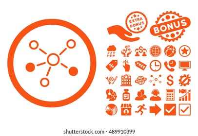 Relations icon with bonus images. Vector illustration style is flat iconic symbols, orange color, white background.