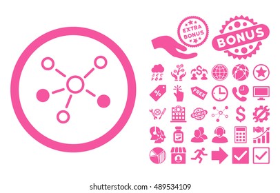 Relations icon with bonus pictures. Vector illustration style is flat iconic symbols, pink color, white background.