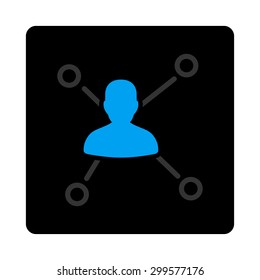 Relations icon. Vector style is bicolor flat symbol, gray and light blue colors, black rounded square button, white background.