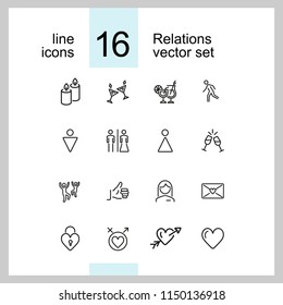 Relations icons. Set of line icons. Dancing, heart, toast. Love concept. Vector illustration can be used for topics like party, Valentines Day, romance