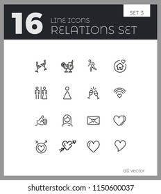 Relations icons. Set of line icons. Dancing, heart, toast. Love concept. Vector illustration can be used for topics like party, Valentines Day, romance