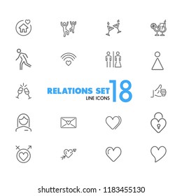 Relations icons. Set of line icons. Dancing, heart, toast. Love concept. Vector illustration can be used for topics like party, Valentines Day, romance