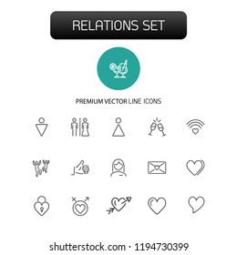 Relations icons. Set of line icons. Dancing, heart, toast. Love concept. Vector illustration can be used for topics like party, Valentines Day, romance