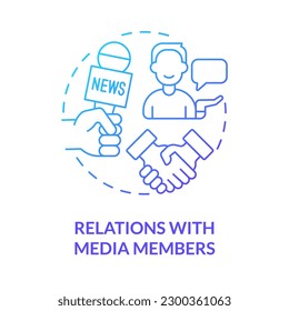 Relations with media members blue gradient concept icon. Social network strategy for advocacy abstract idea thin line illustration. Isolated outline drawing. Myriad Pro-Bold font used