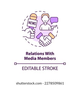 Relations with media members concept icon. Social network strategy for advocacy abstract idea thin line illustration. Isolated outline drawing. Editable stroke. Arial, Myriad Pro-Bold fonts used