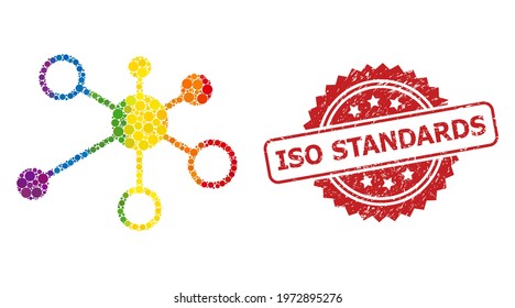 Relations mosaic icon of filled circle dots in various sizes and LGBT colored color hues, and ISO Standards corroded rosette seal print. A dotted LGBT-colored Relations for lesbians, gays,