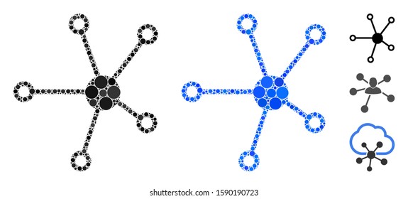 Relations mosaic of small circles in various sizes and color tints, based on relations icon. Vector small circles are organized into blue composition. Dotted relations icon in usual and blue versions.
