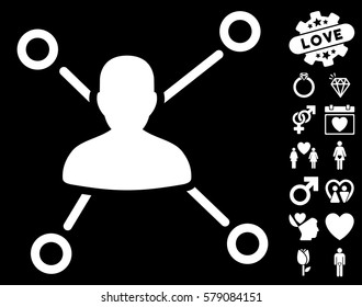 Relations pictograph with bonus marriage pictures. Vector illustration style is flat iconic white symbols on black background.