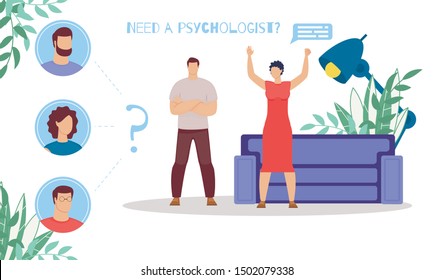 Relations and Understanding Problems in Family, Psychological Therapy for Couples Flat Vector Banner, Poster. Wife Arguing with Husband, Woman Feeling Jealous, Blaming Partner in Betrayal Illustration