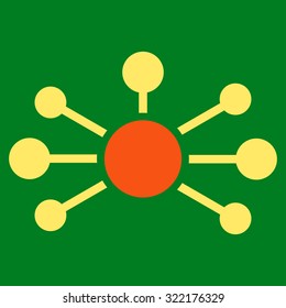 Relations vector icon. Style is bicolor flat symbol, orange and yellow colors, rounded angles, green background.
