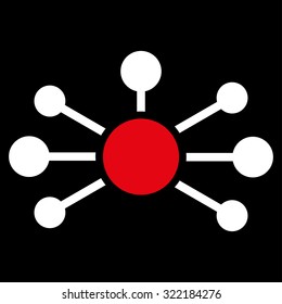 Relations vector icon. Style is bicolor flat symbol, red and white colors, rounded angles, black background.
