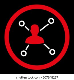 Relations vector icon. This rounded flat symbol is drawn with red and white colors on a black background.