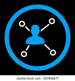 Relations vector icon. This rounded flat symbol is drawn with blue and white colors on a black background.