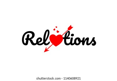 relations word text with red broken heart with arrow concept, suitable for logo or typography design
